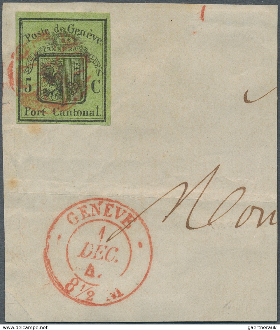 Schweiz - Genf: 1846 'Großer Adler' 5 C. Schwarz/gelbgrün, Bogenfeld 8, Gebraucht Auf Größerem Brief - 1843-1852 Federal & Cantonal Stamps