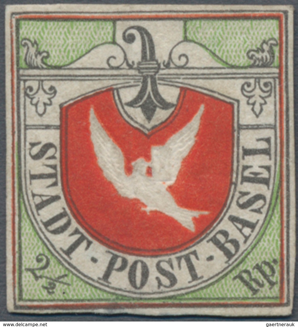 Schweiz - Basel: 1845, 2½ Rp. Schwarz/gelblichgrün/zinnoberrot, Probedruck Der Basler Taube, Farbfri - 1843-1852 Federale & Kantonnale Postzegels