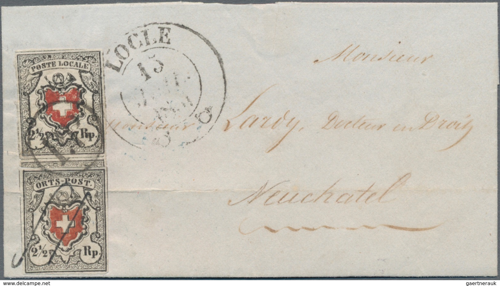 Schweiz: 1850 Poste Locale 2½ Rp. Tiefschwarz/braunrot (Type 6 Mit KE) In Kombination Mit Ortspost 2 - Usati
