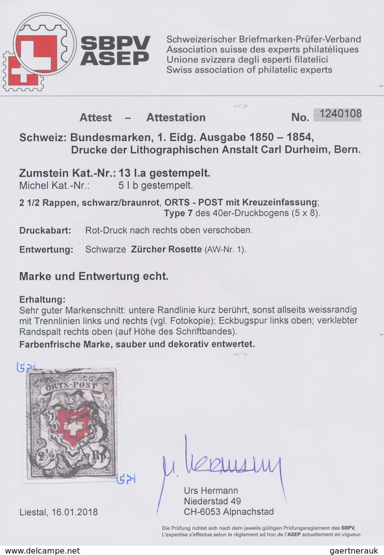 Schweiz: 1850, 2½ Rp. Schwarz/braunrot Orts-Post, Mit Kreuzeinfassung, Rot-Druck Nach Rechts Oben Ve - Gebruikt