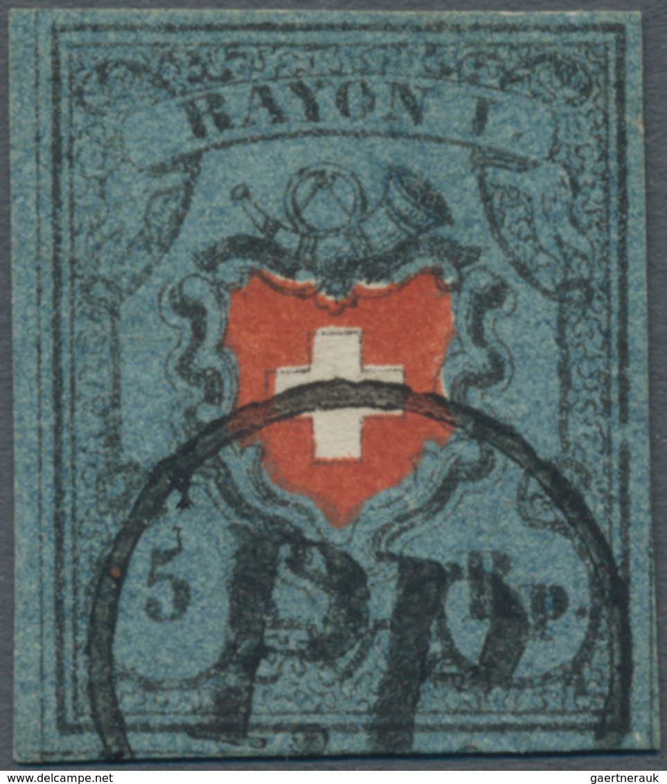 Schweiz: 1850, Rayon I, 5 Rp. Schwarz/rot Auf Graublau Mit Kreuzeinfassung, Type 25, Farbfrisches Ex - Gebruikt