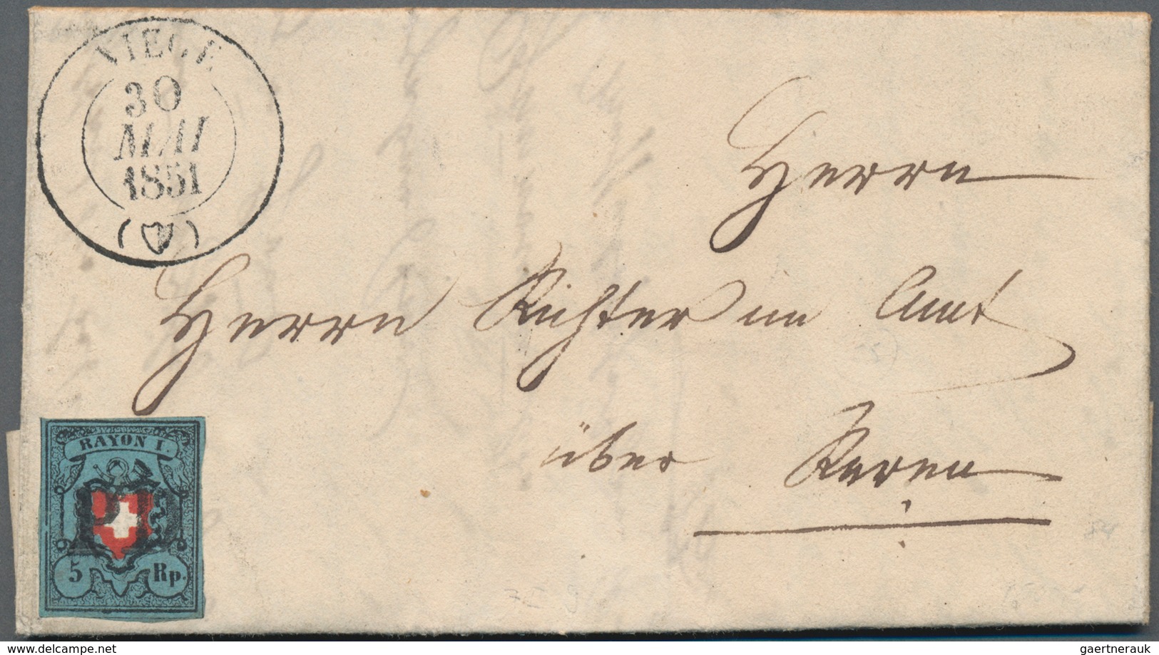 Schweiz: 1850 Rayon I 5 Rp. Schwarz/karmin/dunkelblau, Type 26 (A2-U) Ohne KE, Verwendet Auf Komplet - Used Stamps