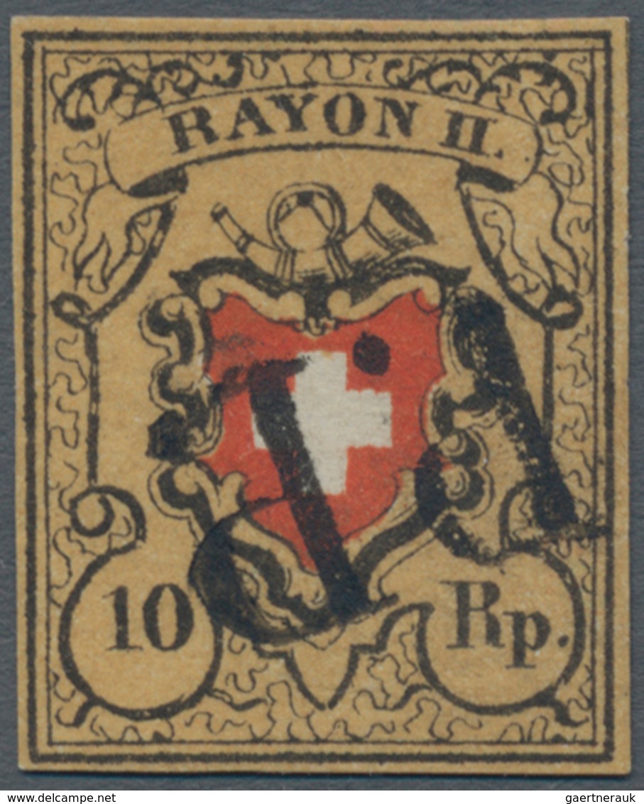 Schweiz: 1850 Rayon II 10 Rp. Schwarz/rot/tieforangegelb (sog. "Tabak") Ohne KE, Type 24, Stein A1-U - Used Stamps