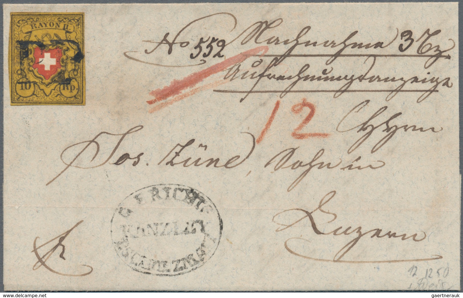 Schweiz: 1850 Rayon II 10 Rp. Schwarz/rot/dunkelorangegelb (sog. "Tabak") Ohne KE, Type 16 Vom Druck - Gebruikt