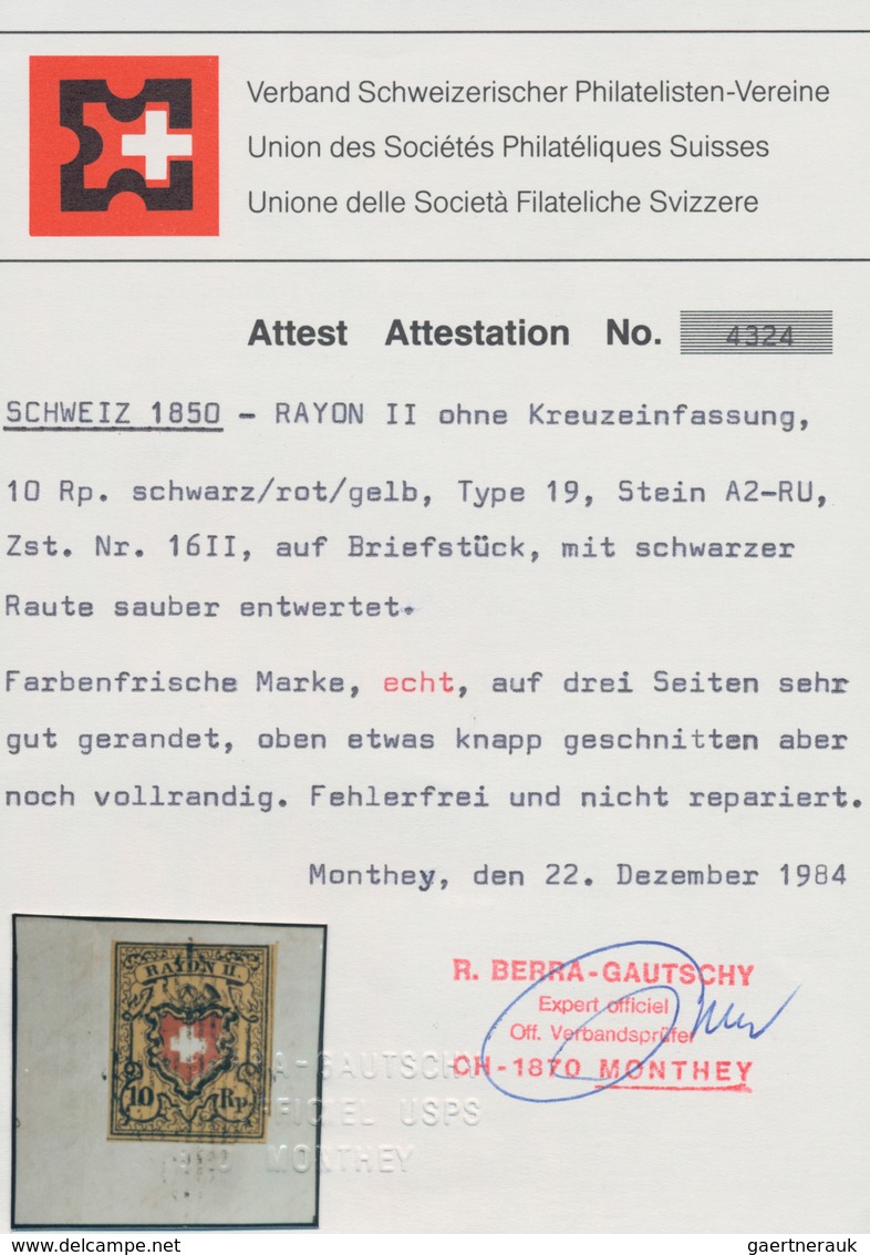 Schweiz: 1850, 10 Rp RAYON II Ohne Kreuzeinfassung, Type 19, Stein A2-Ru Auf Briefstück, Mit Schwarz - Oblitérés