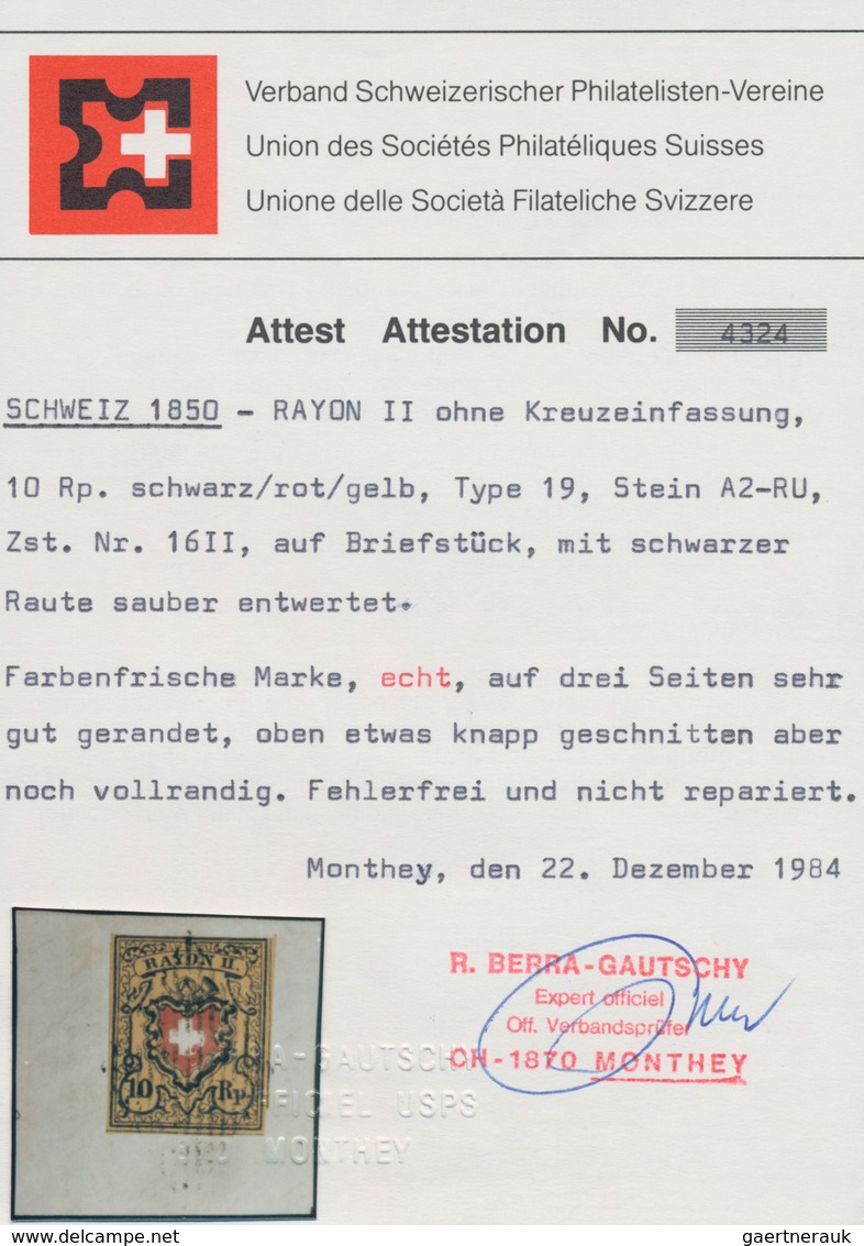 Schweiz: 1850, 10 Rp RAYON II Ohne Kreuzeinfassung, Type 19, Stein A2-Ru Auf Briefstück, Mit Schwarz - Gebruikt