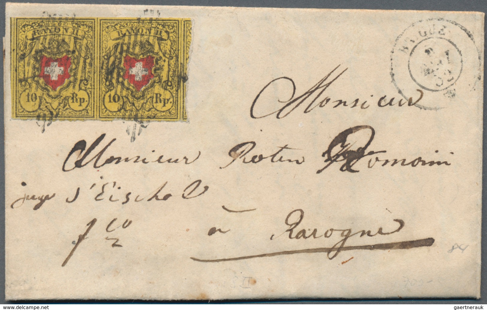 Schweiz: 1850 Rayon II 10 Rp. Schwarz/rot/gelb, Waag. Paar Der Typen 14+15 Vom Stein B-RO, Gebraucht - Gebruikt