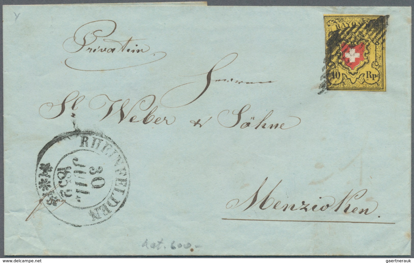 Schweiz: 1850, 10 Rp RAYON II Ohne Kreuzeinfassung, Type 16, Stein B-RU Auf Faltbrief Von RHEINFELDE - Gebruikt