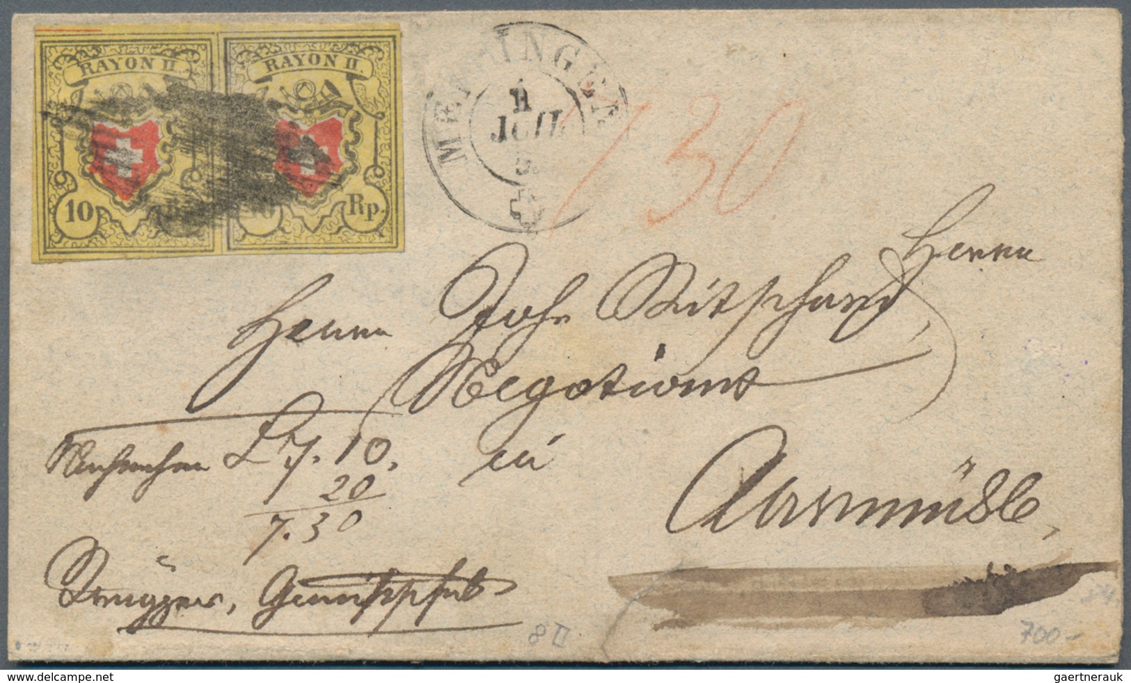 Schweiz: 1850 Rayon II 10 Rp. Schwarz/rot/gelb Im Waag. Paar Der Typen 1+2 Von Stein D-LU Mit "ROTER - Used Stamps