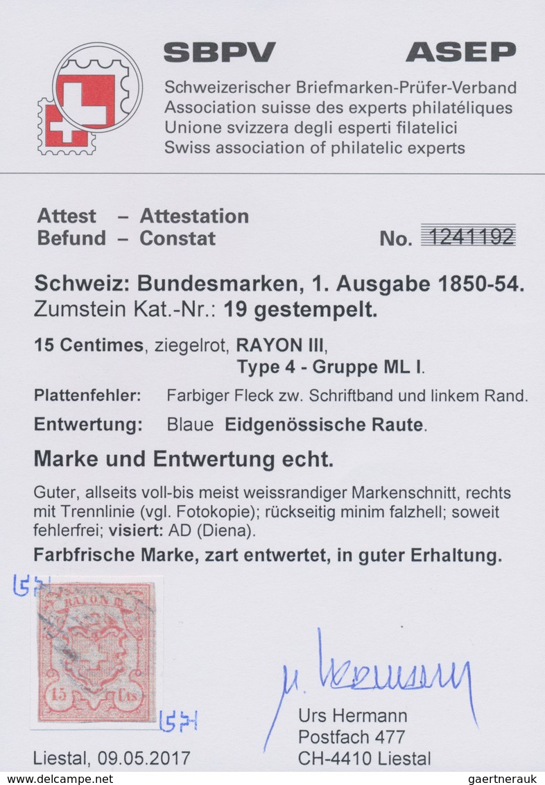 Schweiz: 1852, 15 Rp. Dunkelrosarot Entwertet Mit Sauberem Blauem Rautenstempel Mit Plattenfehler „F - Used Stamps