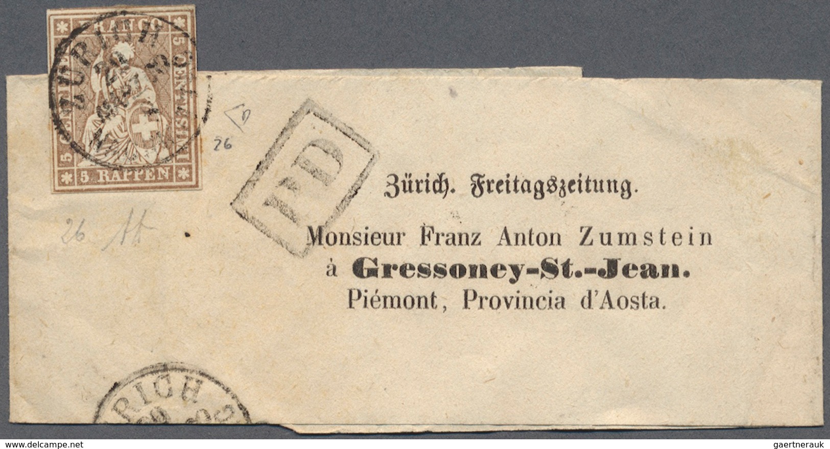 Schweiz: 1854/1862 Strubel 5 Rp. Auf Streifband 1860 Von Zürich Nach Gressoney-St.-Jean, Piémont, Pr - Used Stamps