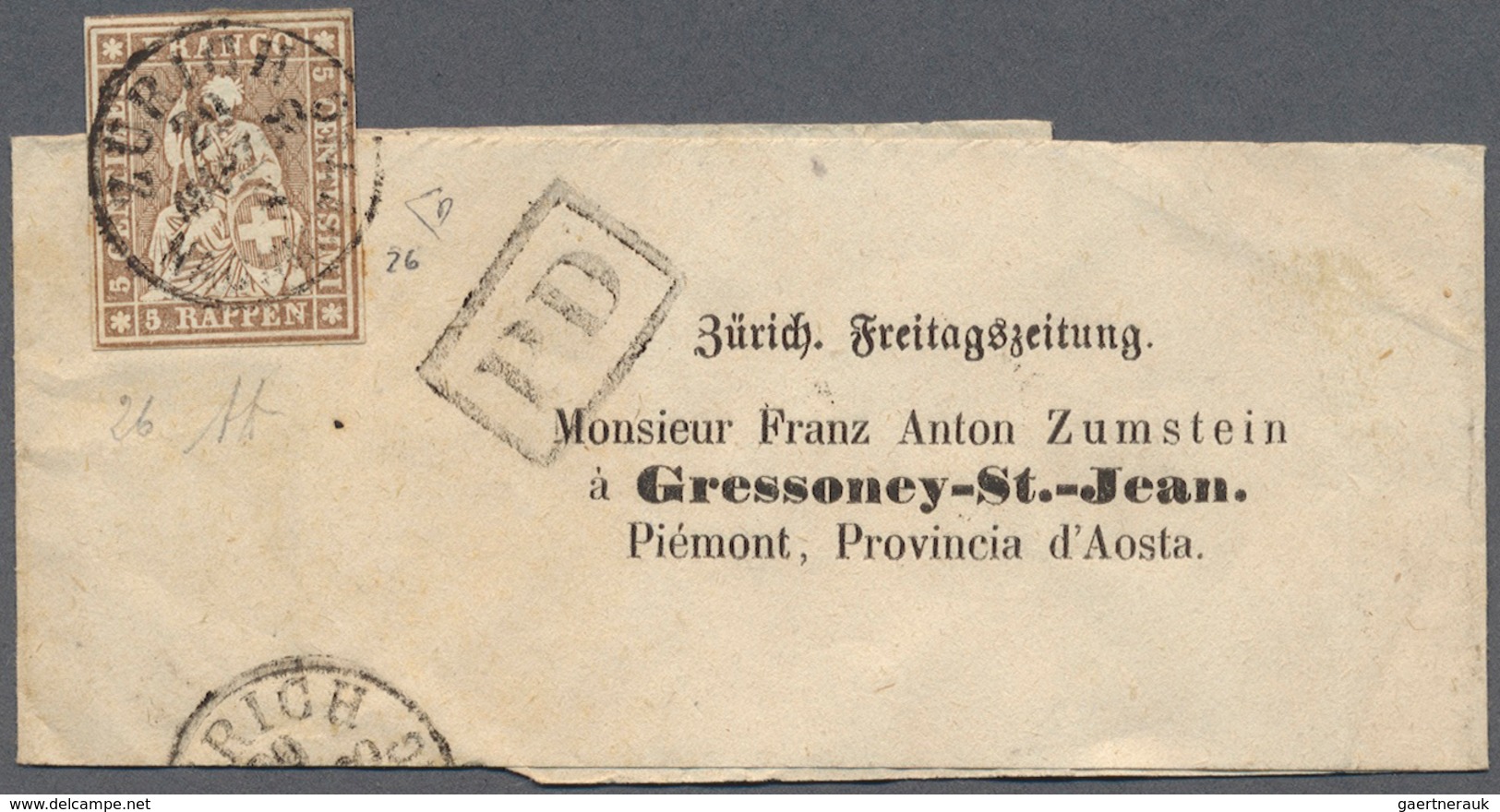 Schweiz: 1854/1862 Strubel 5 Rp. Auf Streifband 1860 Von Zürich Nach Gressoney-St.-Jean, Piémont, Pr - Gebruikt