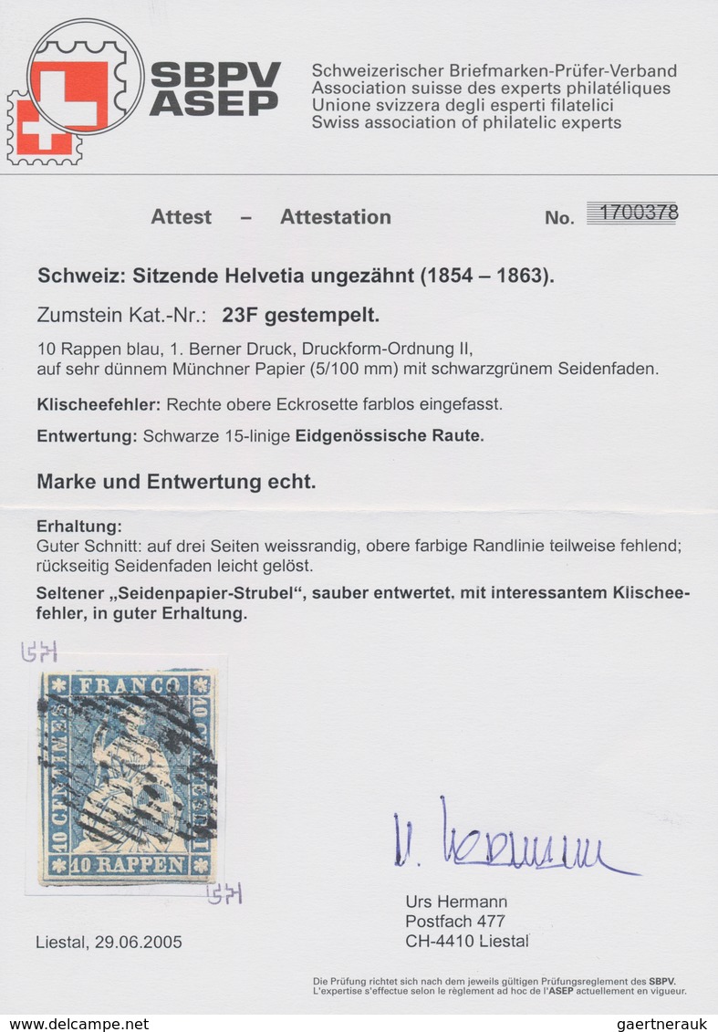 Schweiz: 1854, 10 Rp BlauSitzende Helvetia, Sog. 'Strubel-Ausgabe', Auf Sehr Dünnem Münchener Papier - Gebruikt