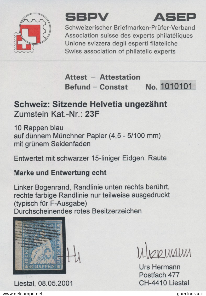 Schweiz: 1854, 10 Rp Blau Sitzende Helvetia, Sog. 'Strubel-Ausgabe', Auf Sehr Dünnem Münchener Papie - Gebruikt