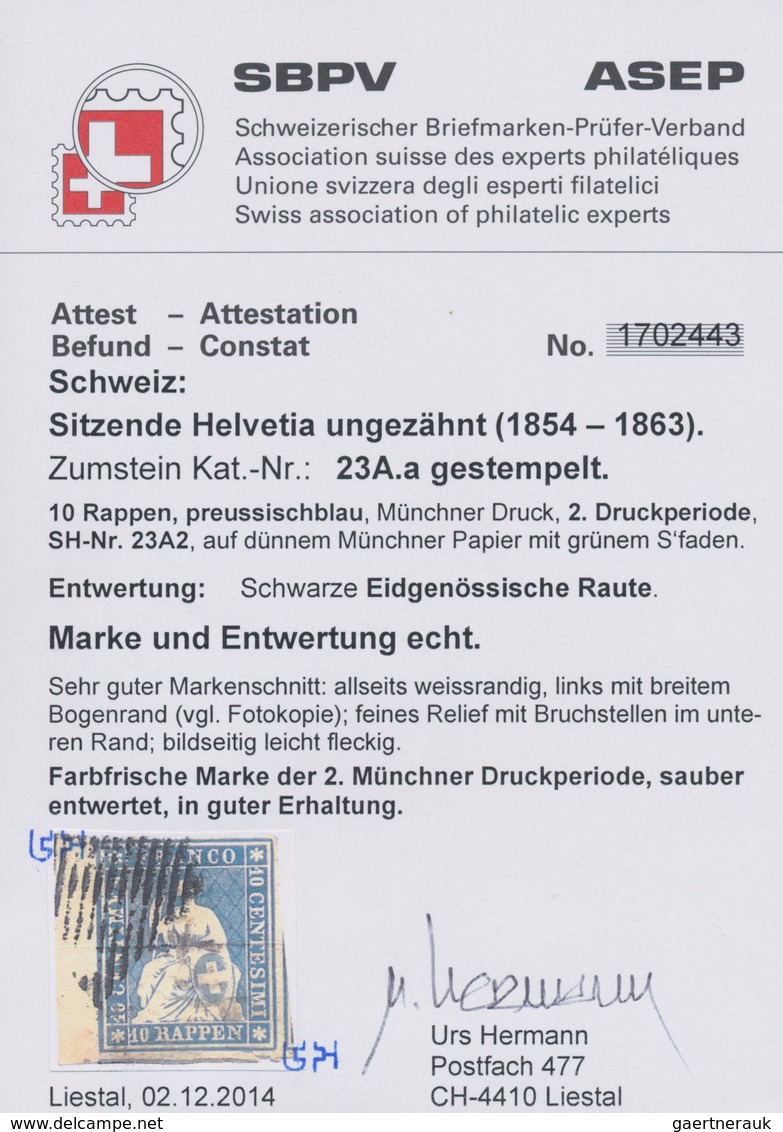 Schweiz: 1854, 10 Rp Preussischblau Sitzende Helvetia, Sog. 'Strubel-Ausgabe', Auf Dünnem Münchener - Gebruikt