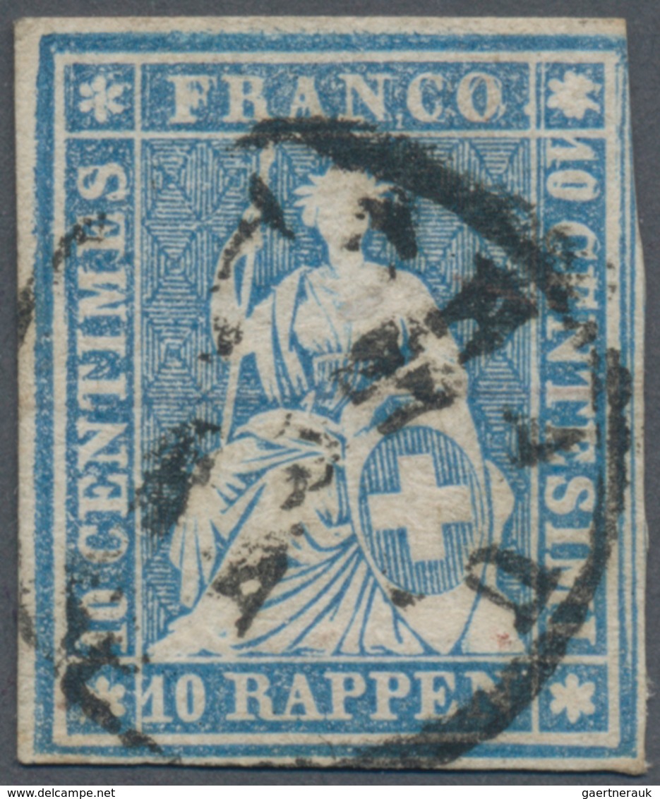 Schweiz: 1854, 10 Rp Blau Sitzende Helvetia, Sog. 'Strubel-Ausgabe', Auf Sehr Dünnem Münchener Papie - Used Stamps