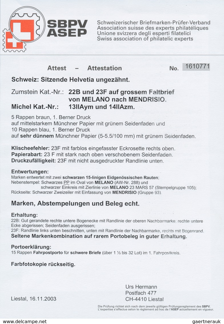 Schweiz: 1856 Strubel: 10 Rp. Blau Auf Sehr Dünnem Papier Mit Grünem Seidenfaden Zusammen Mit 5 Rp. - Gebruikt