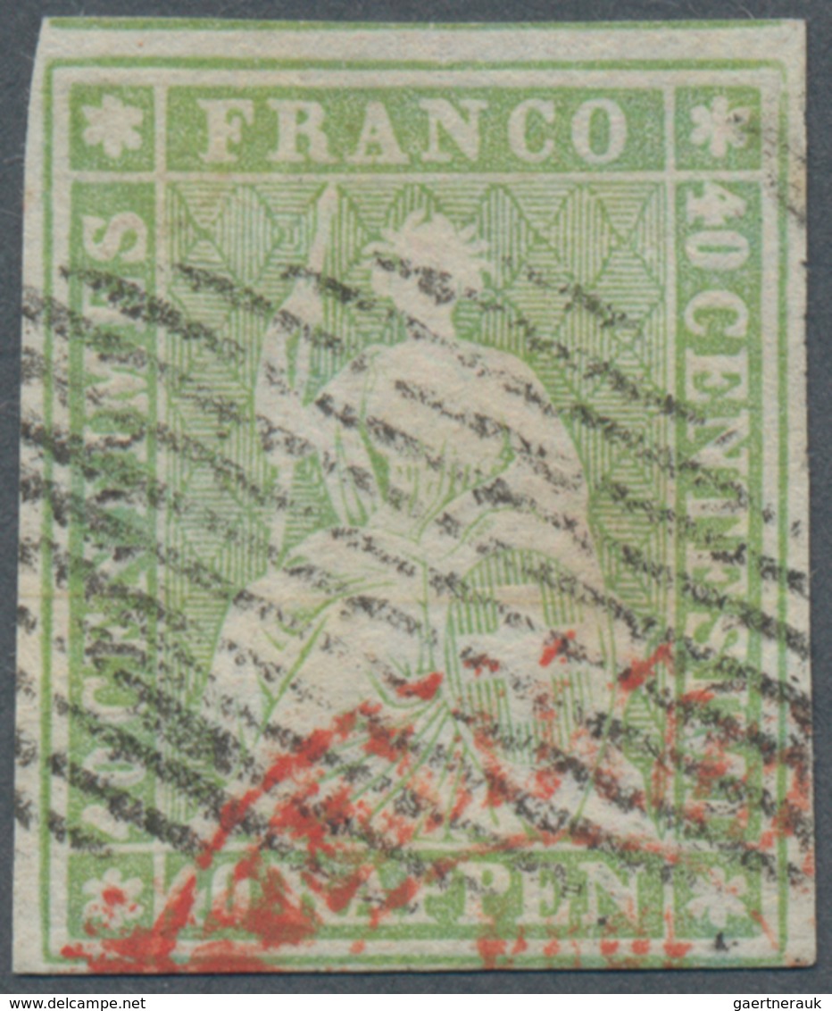 Schweiz: 1854, 40 Rp Grünlicholiv Sitzende Helvetia Auf Dünnem Papier Mit Grünem Seidenfaden, Mit DO - Used Stamps