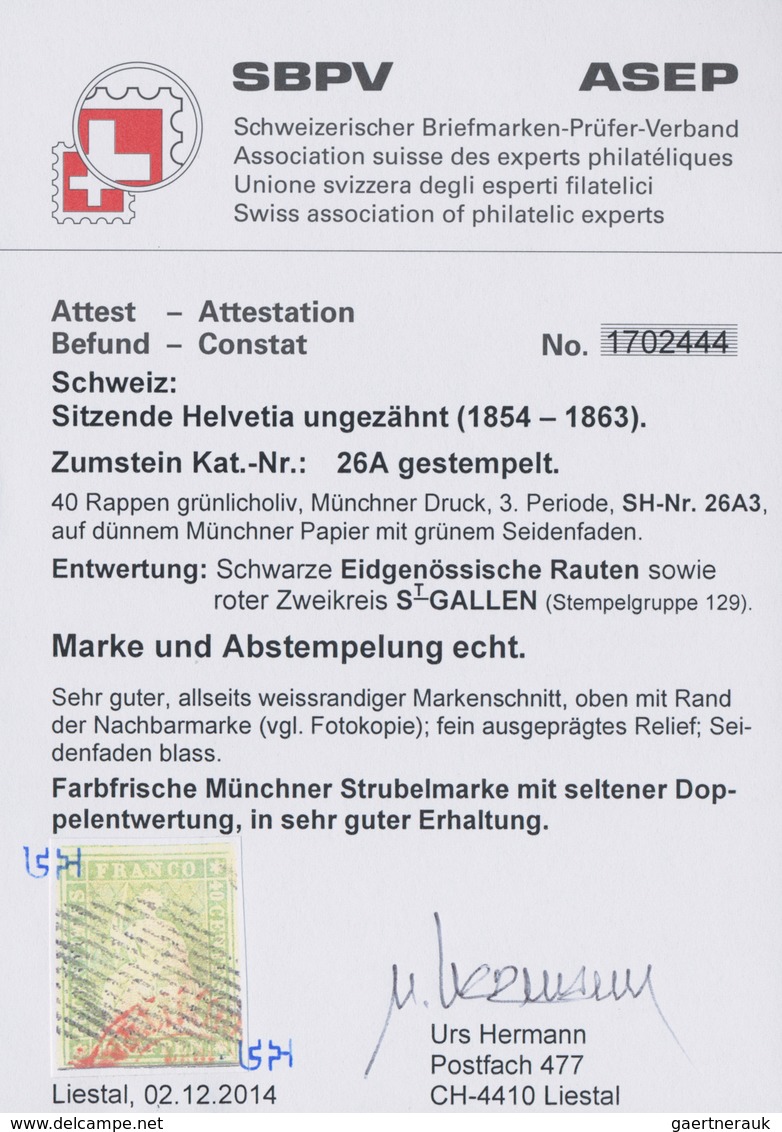 Schweiz: 1854, 40 Rp Grünlicholiv Sitzende Helvetia Auf Dünnem Papier Mit Grünem Seidenfaden, Mit DO - Gebruikt