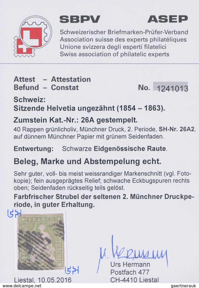 Schweiz: 1854, 40 Rp Grünlicholiv Sitzende Helvetia Auf Dünnem Papier Mit Grünem Seidenfaden, Entwer - Used Stamps