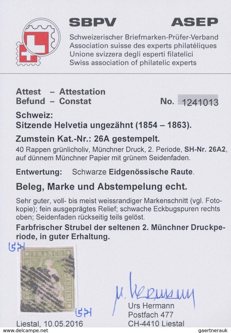 Schweiz: 1854, 40 Rp Grünlicholiv Sitzende Helvetia Auf Dünnem Papier Mit Grünem Seidenfaden, Entwer - Gebruikt