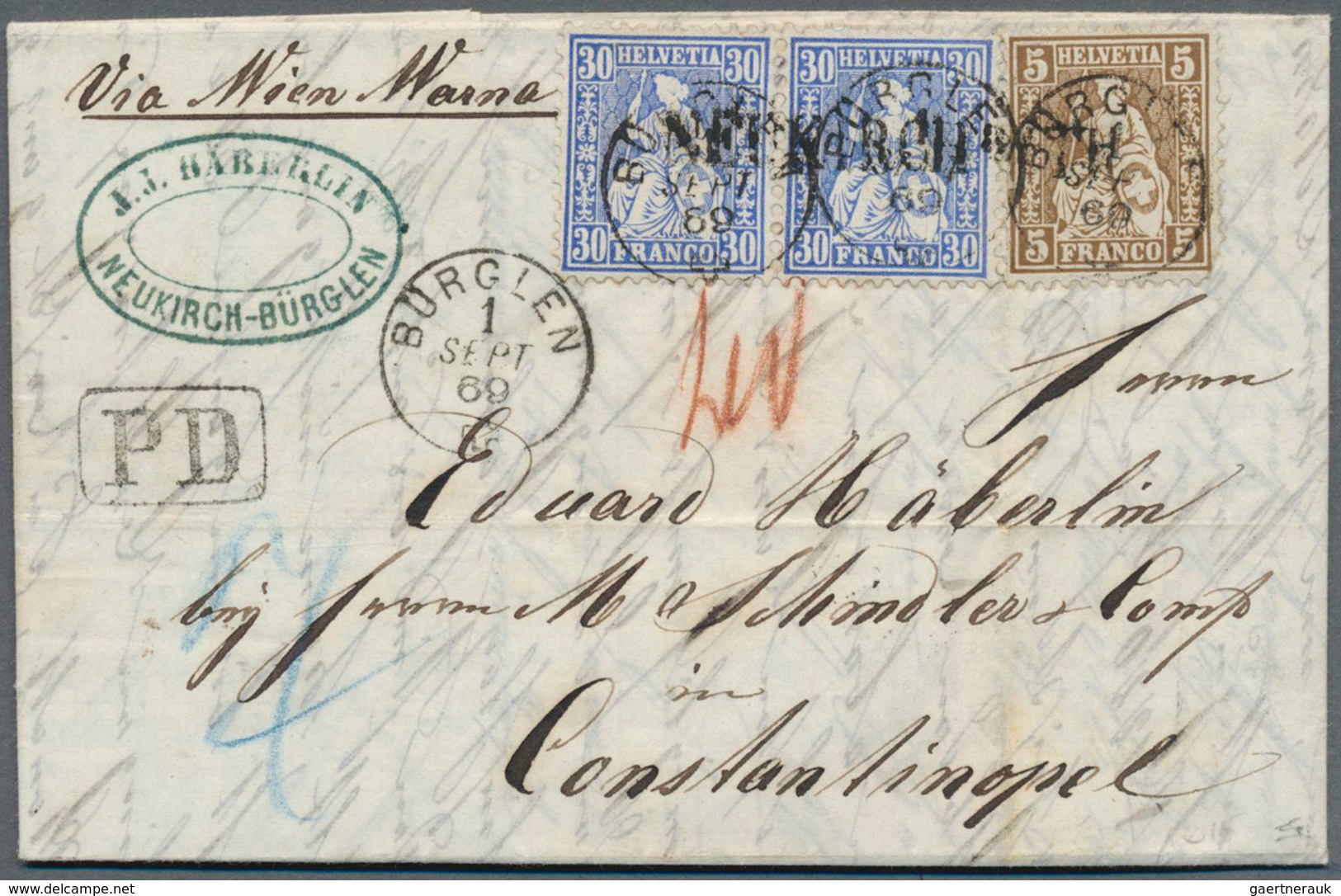 Schweiz: 1869, Kompletter Faltbrief Von Neukirch-Bürglein Via Romanshorn, Wien Und Varna Nach Consta - Used Stamps