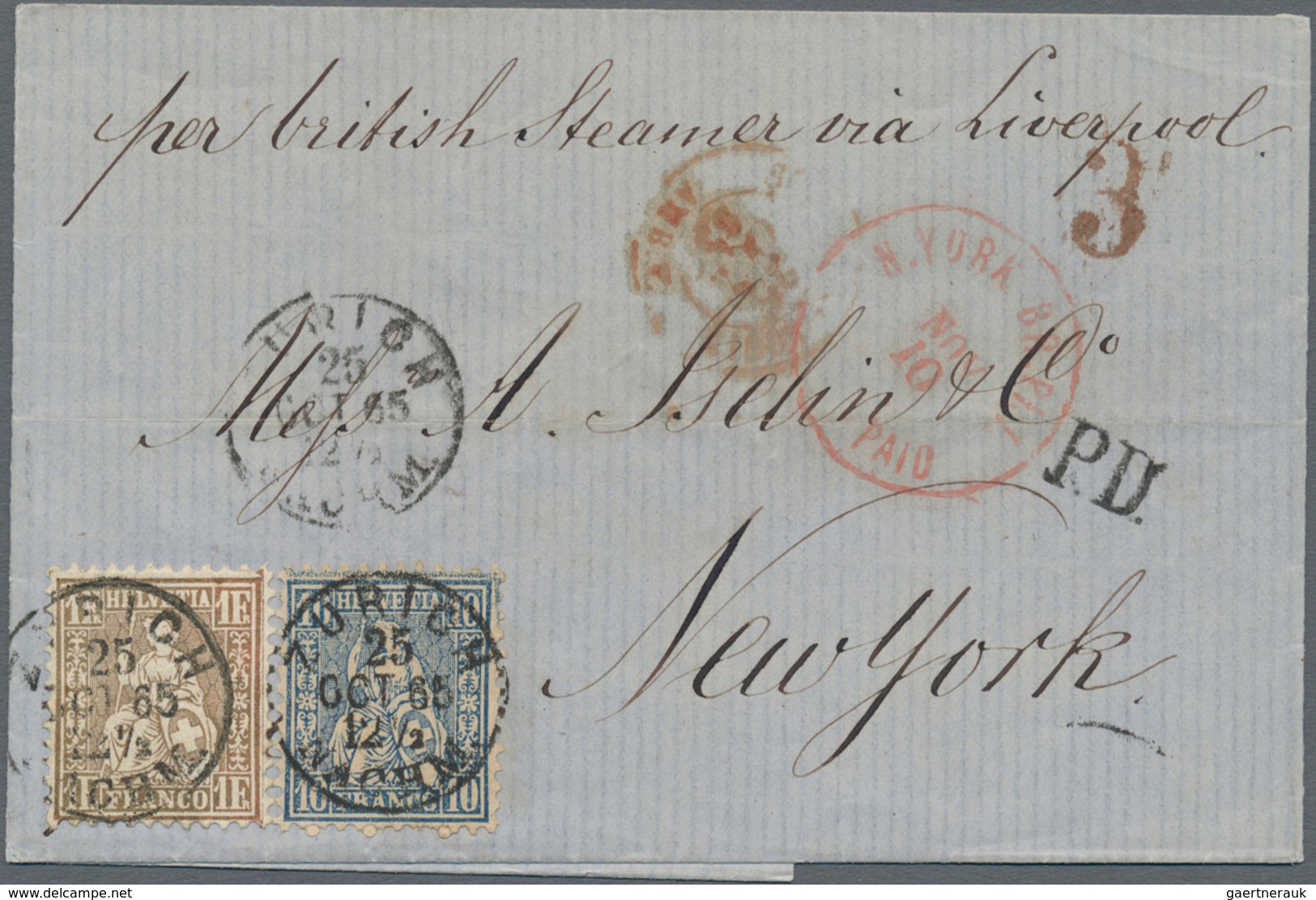 Schweiz: 1865, Brief Frankiert Mit 10 Rp Und 1 Franc Sitzende Helvetia Ab "ZÜRICH 25.OCT 65" Nach Ne - Gebruikt