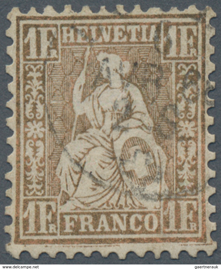 Schweiz: 1864, 1 Fr. Goldbronze Mit Braunrotem Unterdruck, Sauber Gestempeltes Pracht-Stück Auf Weis - Used Stamps