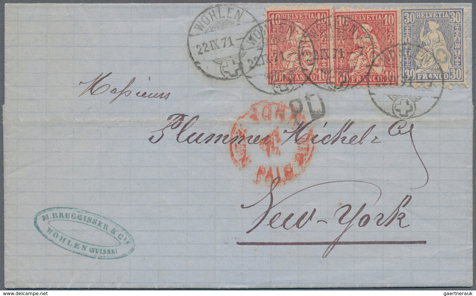 Schweiz: 1871, Kompletter Faltbrief Von Wohlen Via Aarau, Basel Und Deutschland Nach NEW-YORK, Frank - Used Stamps