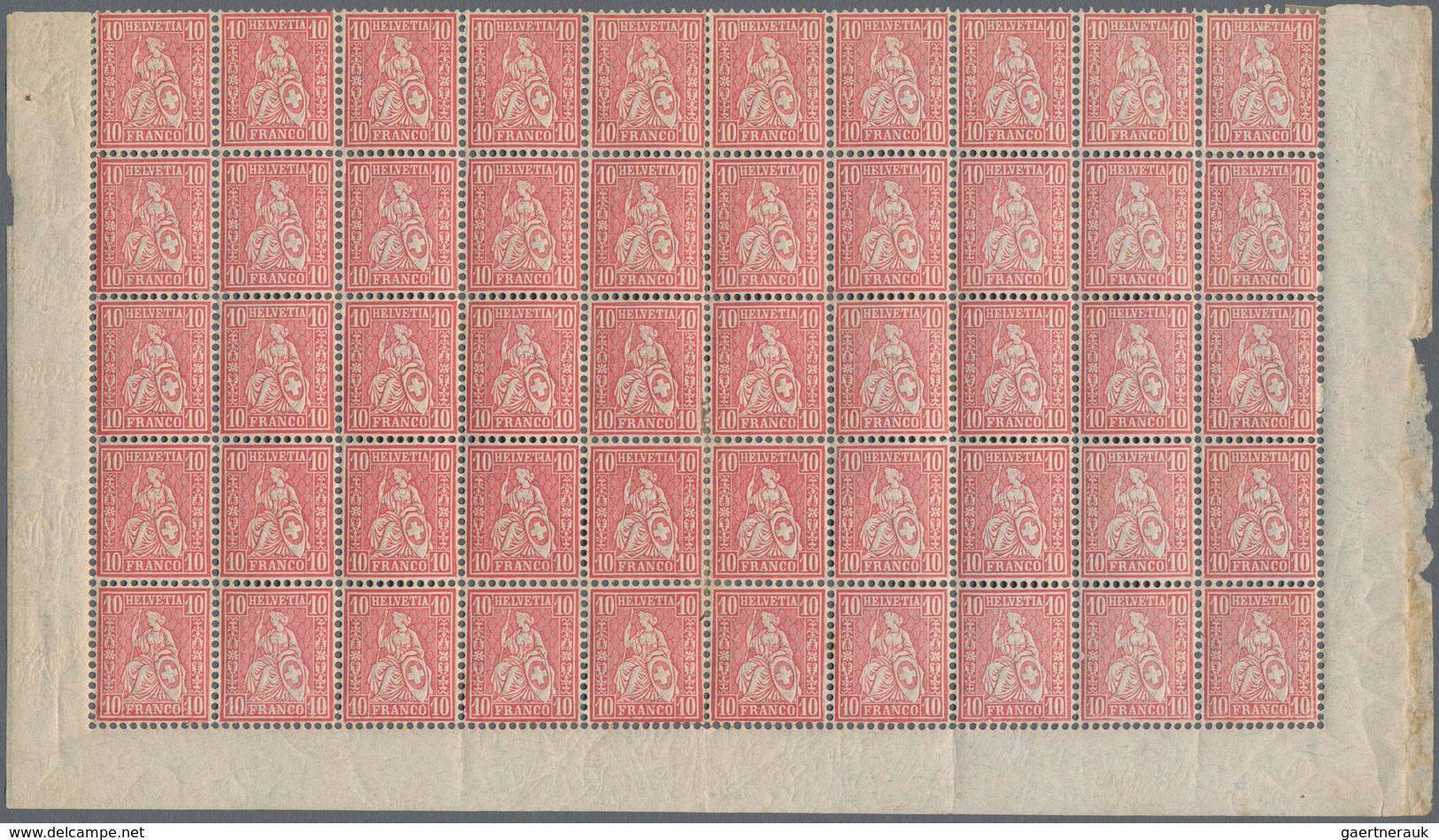 Schweiz: 1881 Sitzende Helvetia 10 Rp. Rot Auf Faserpapier, 200 Marken In Vier Unteren Halbbogen Zu - Used Stamps