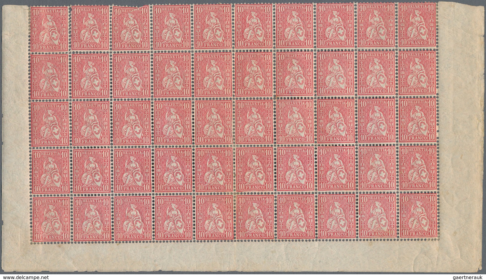 Schweiz: 1881 Sitzende Helvetia 10 Rp. Rot Auf Faserpapier, 200 Marken In Vier Unteren Halbbogen Zu - Used Stamps