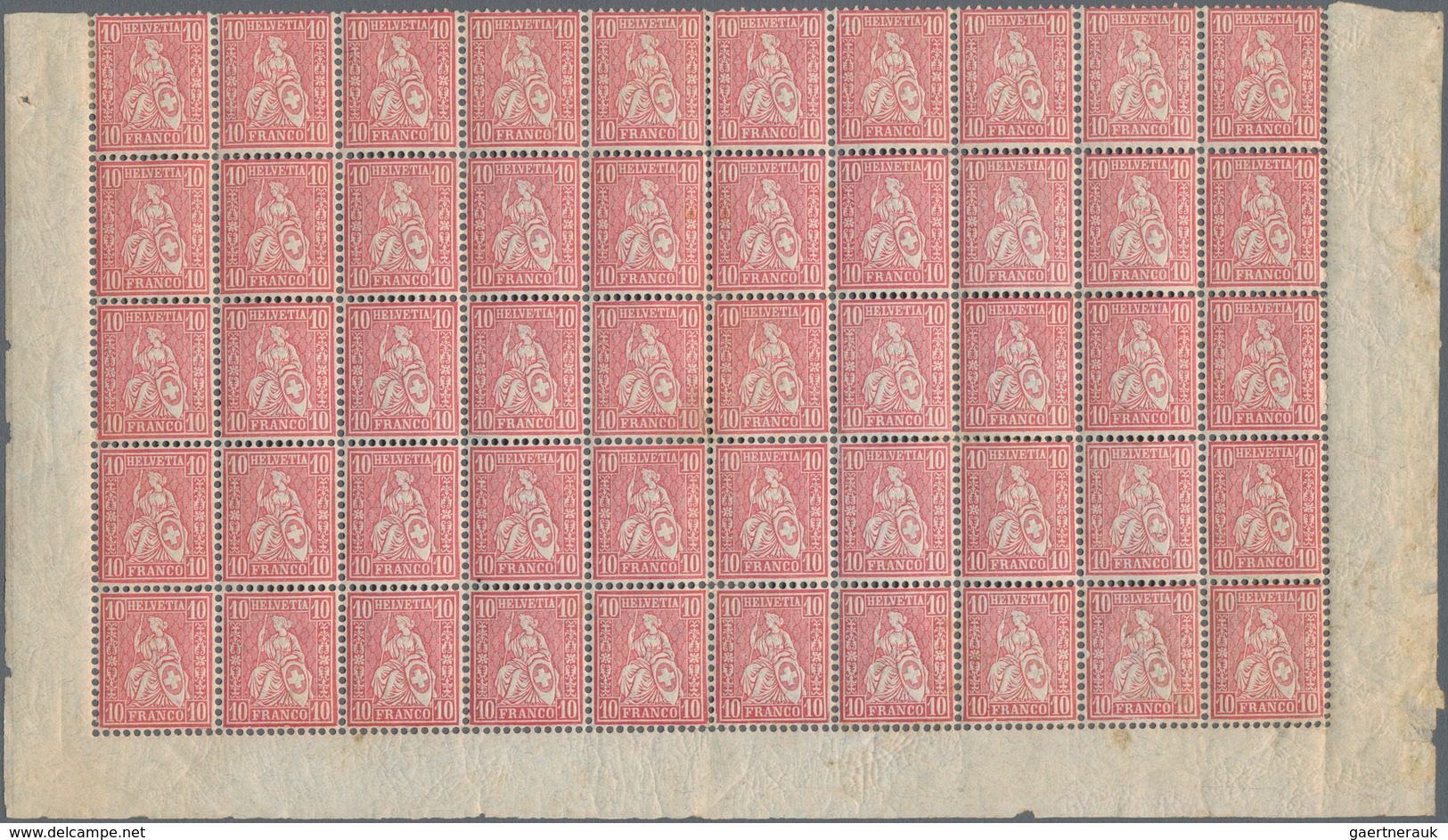 Schweiz: 1881 Sitzende Helvetia 10 Rp. Rot Auf Faserpapier, 200 Marken In Vier Unteren Halbbogen Zu - Used Stamps