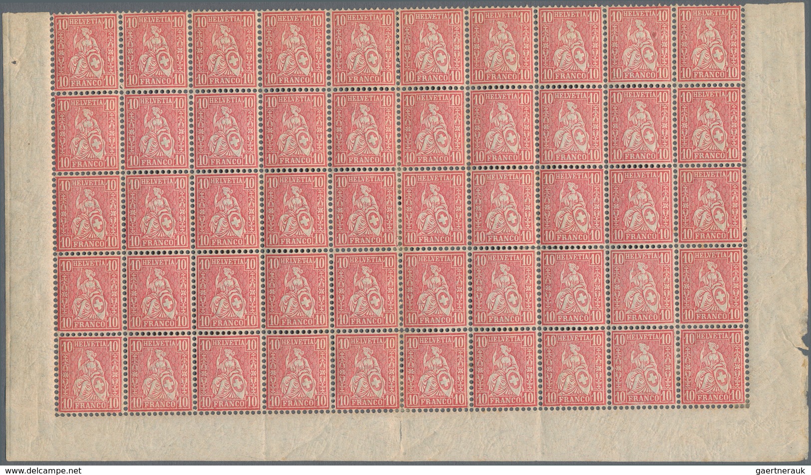 Schweiz: 1881 Sitzende Helvetia 10 Rp. rot auf Faserpapier, 200 Marken in vier unteren Halbbogen zu