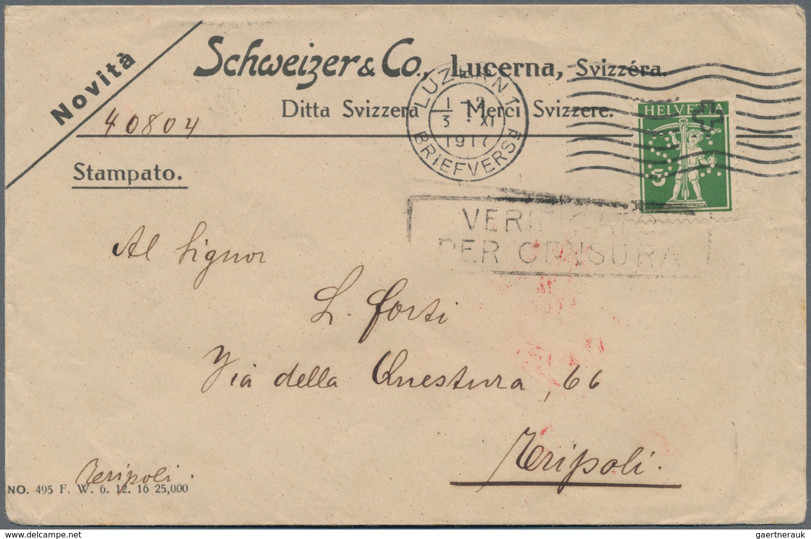 Schweiz: 1917 Destination Italienisch-Libyen: Firmenumschlag Von 'Schweizer & Co.' In Luzern, Franki - Used Stamps