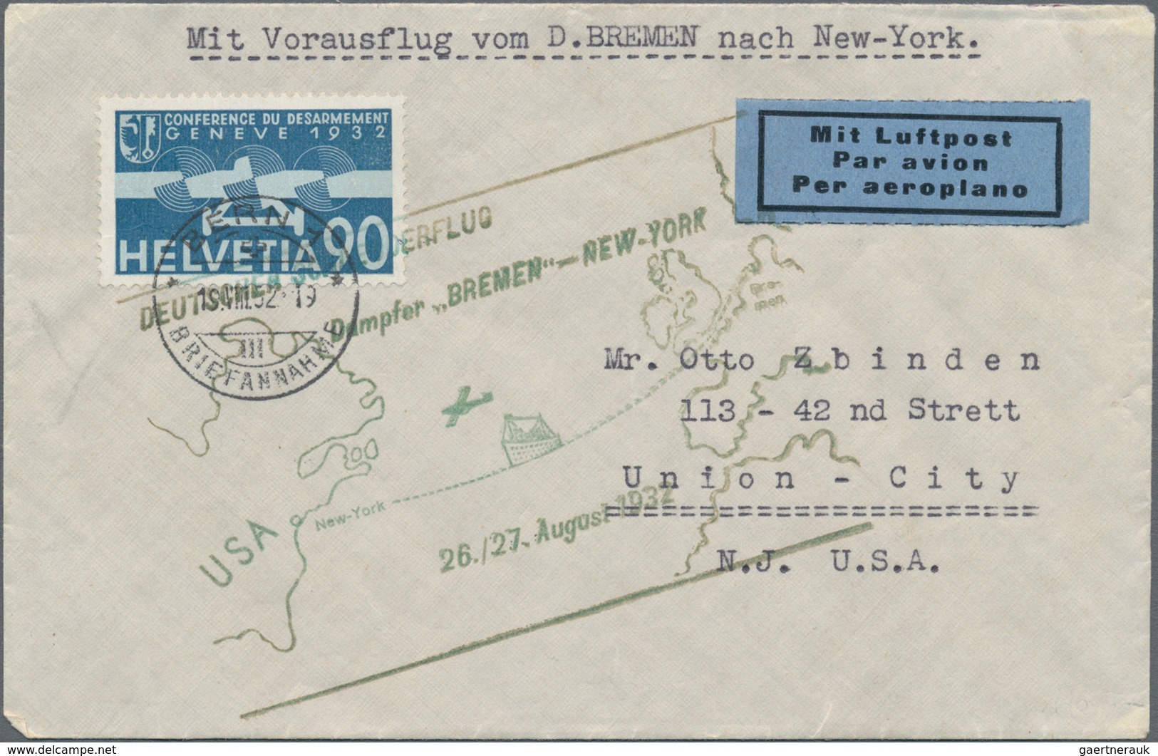 Schweiz: 1933, Vertragsstaaten Katapultpost, Brief Mit Vorausflug Dampfer "BREMEN" - NEW YORK 26./27 - Used Stamps
