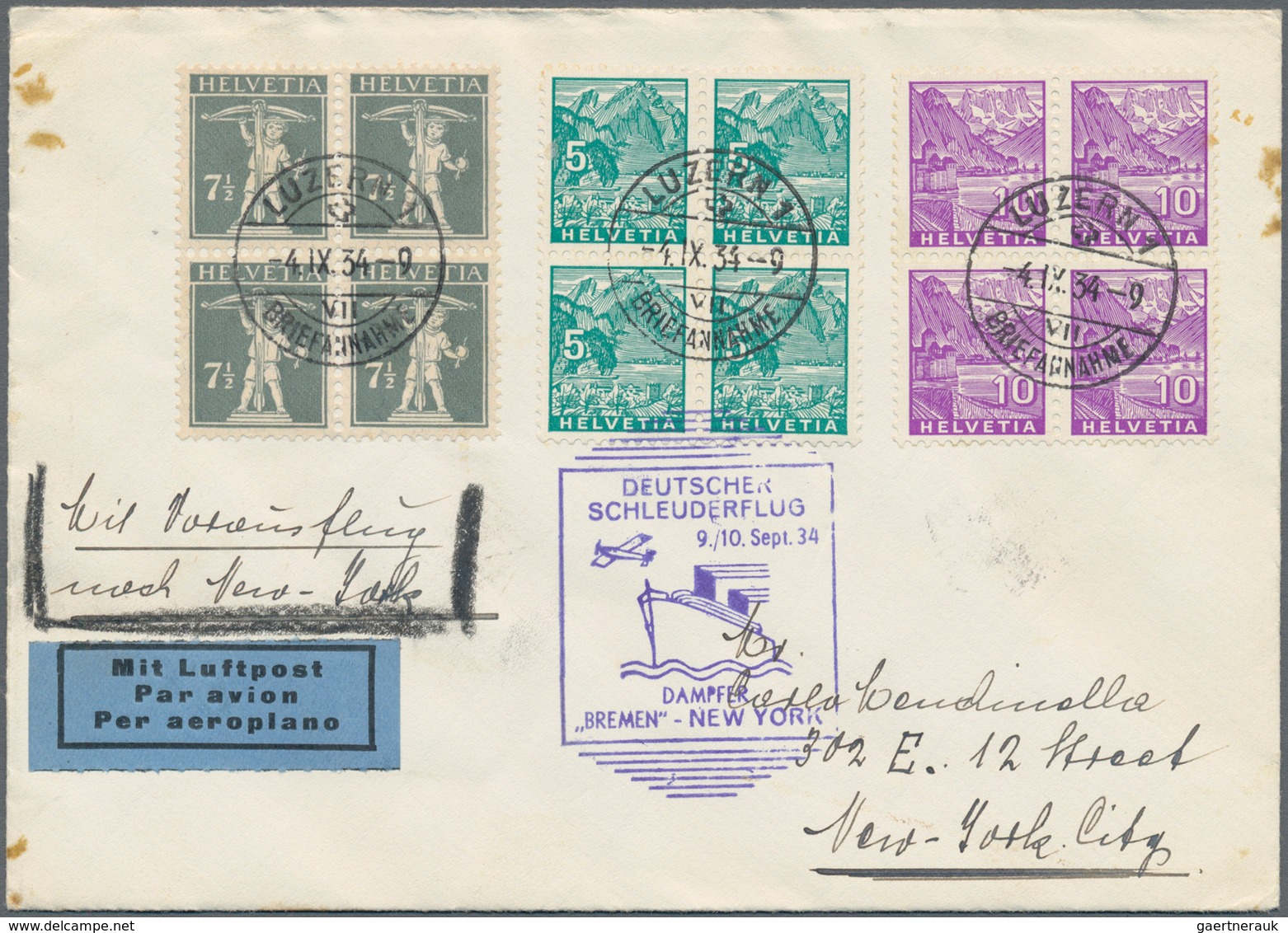 Schweiz: 1934, Brief Ab LUZERN, Frankiert Mit Drei Zentrisch Gestempelten Viererblöcken Mit Blauem B - Used Stamps