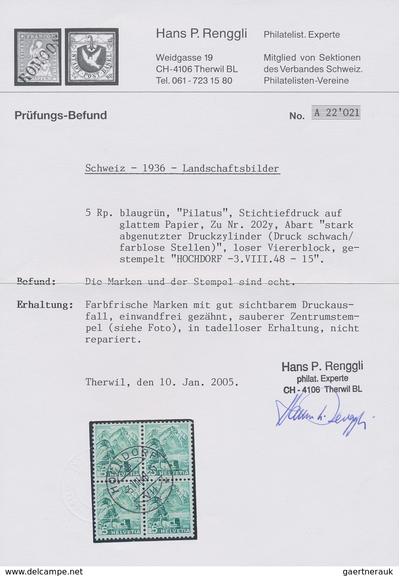 Schweiz: 1936, Freimarken Landschaften, 5 Rp. Bläulichgrün Im 4er-Block, Alle Marken Mit Stark Abgen - Used Stamps