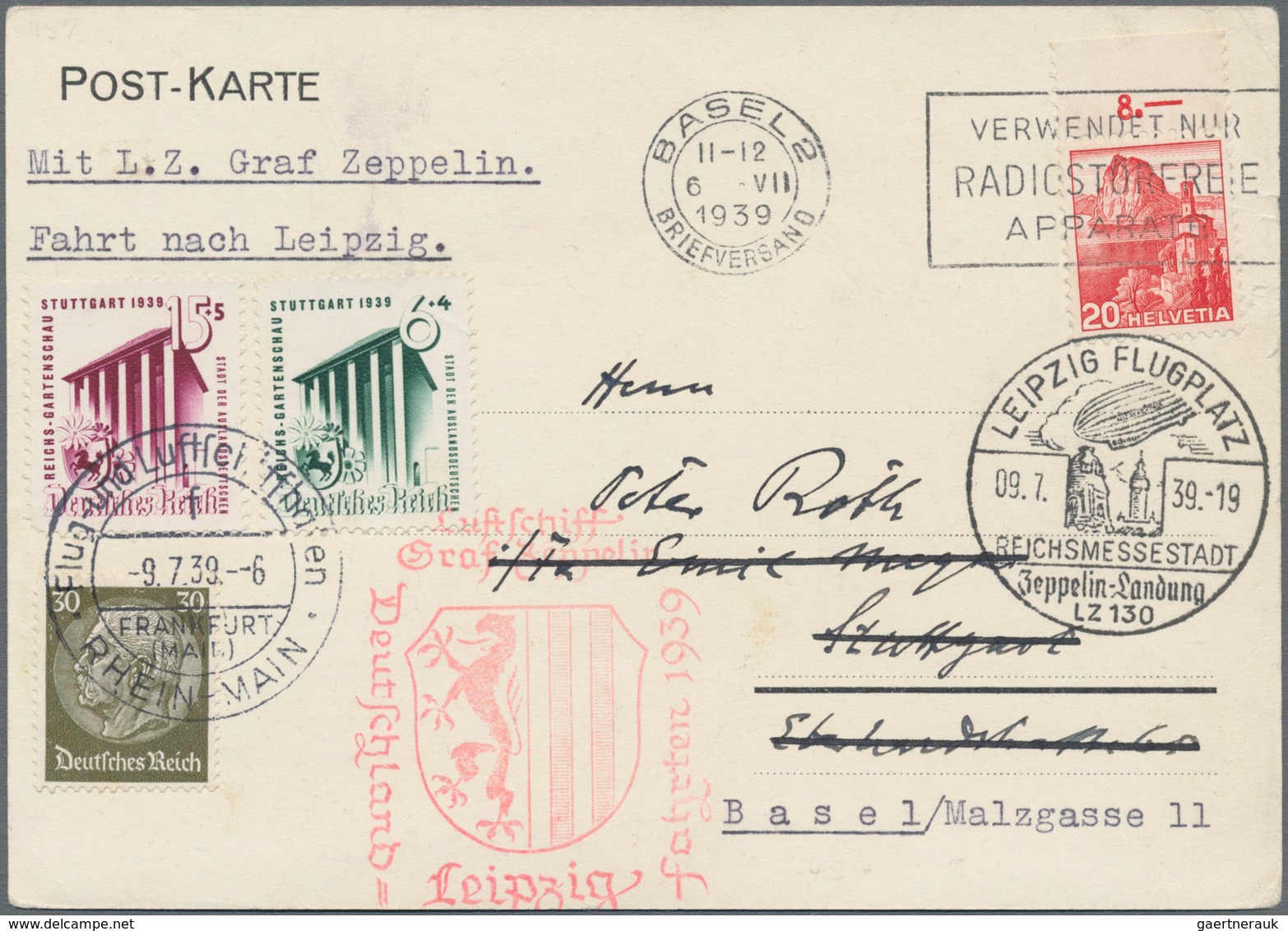 Schweiz: 1939, LEIPZIGFAHRT LZ 130: Karte Ab BASEL Mit 20 Rp Auslandsporto,ab FRANKFURT RHEIN-MAIN W - Used Stamps