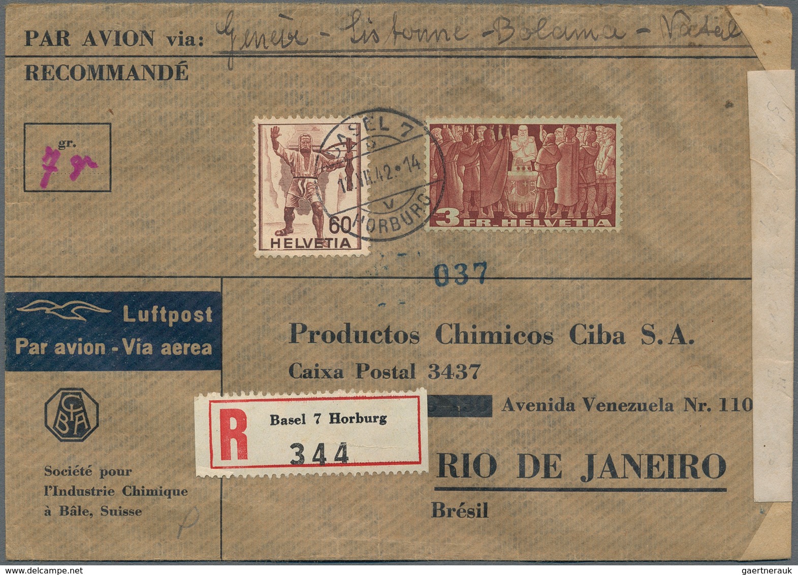 Schweiz: 1942, 3 Fr. Rötlichbraun Auf Grünlichgrau Und 60 Rp. Dunkelkarminbraun Auf Firmen-Bedarfs-L - Used Stamps