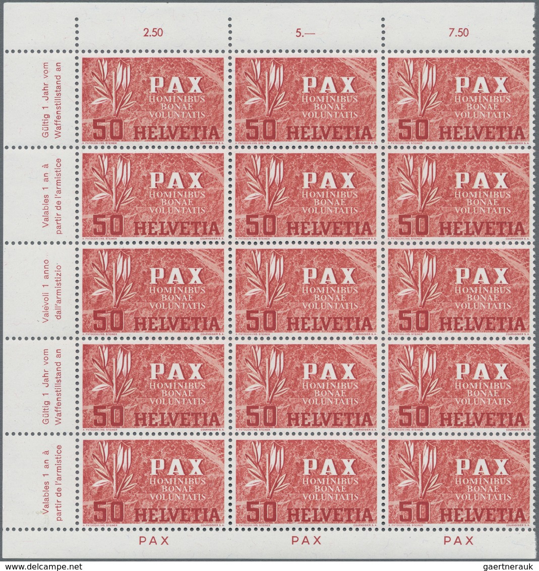 Schweiz: 1945, PAX 50 Rp.-10 Fr., Acht Werte Je In Rand-15er-Blocks Postfrisch (ein Wert 10 Fr. Etwa - Used Stamps