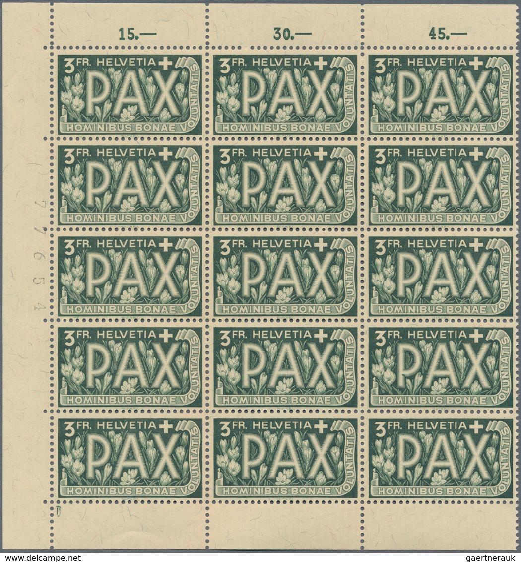 Schweiz: 1945, PAX 50 Rp.-10 Fr., Acht Werte Je In Rand-15er-Blocks Postfrisch (ein Wert 10 Fr. Etwa - Used Stamps