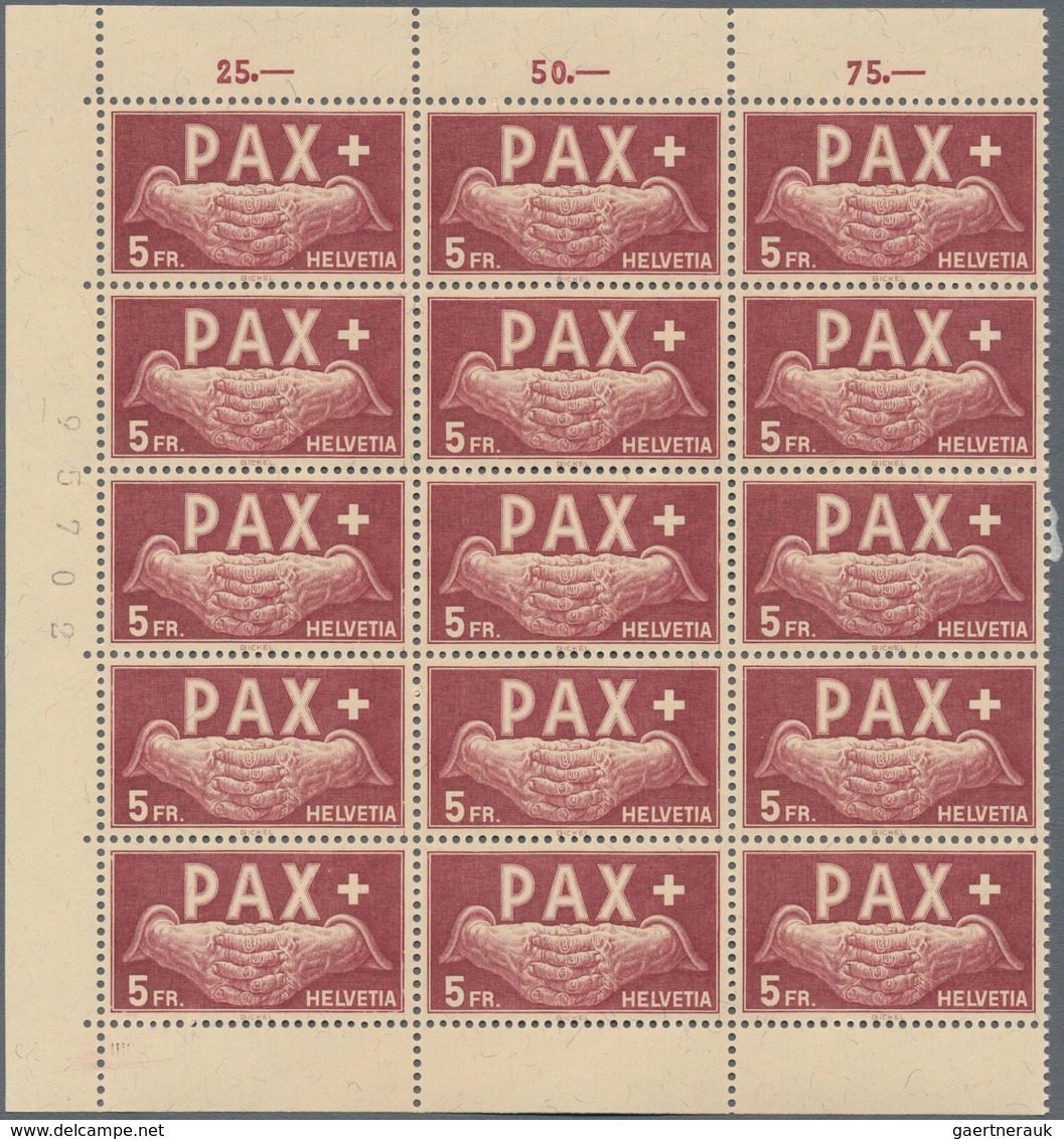 Schweiz: 1945, PAX 50 Rp.-10 Fr., Acht Werte Je In Rand-15er-Blocks Postfrisch (ein Wert 10 Fr. Etwa - Used Stamps