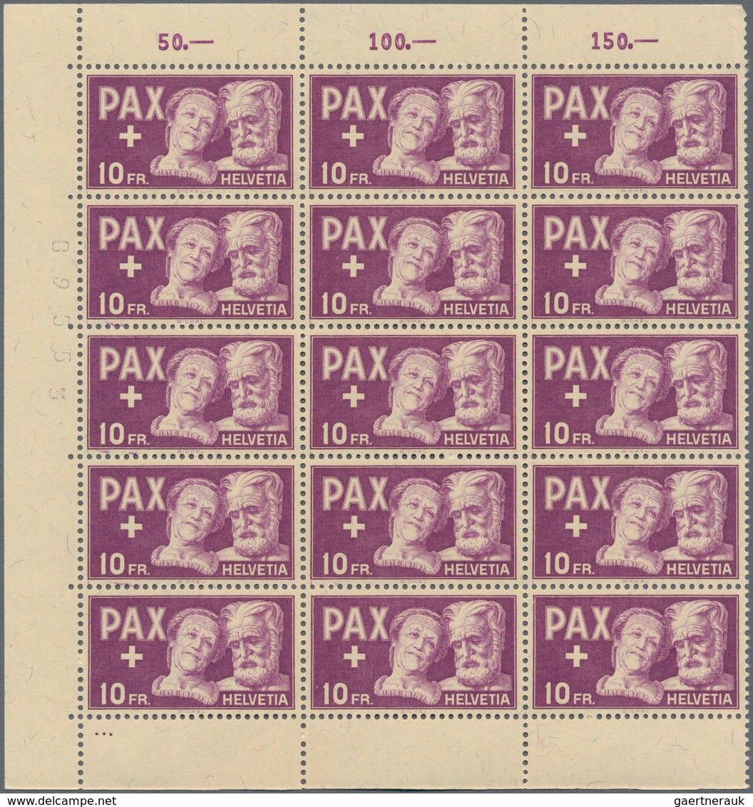 Schweiz: 1945, PAX 50 Rp.-10 Fr., acht Werte je in Rand-15er-Blocks postfrisch (ein Wert 10 Fr. etwa