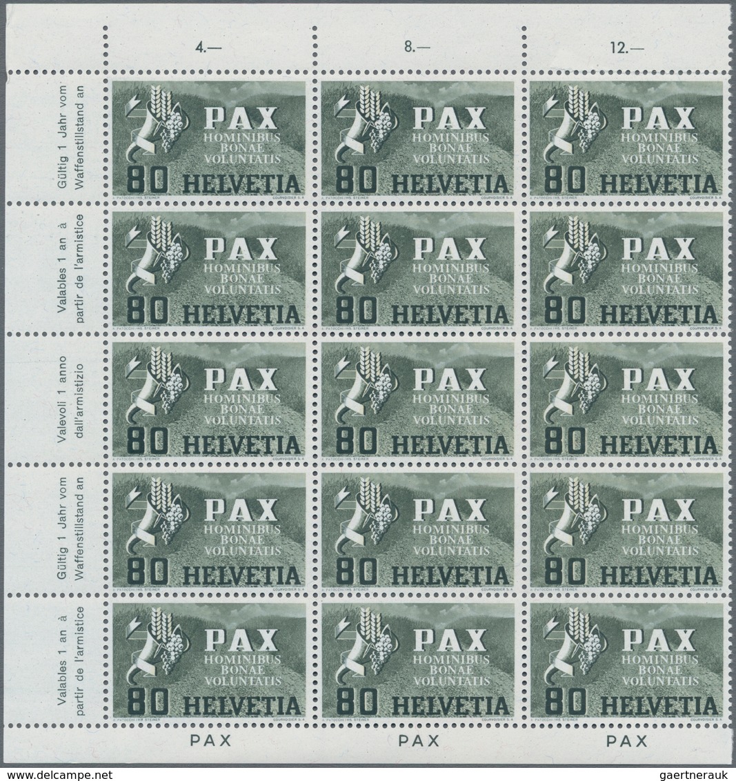 Schweiz: 1945, PAX 50 Rp.-10 Fr., acht Werte je in Rand-15er-Blocks postfrisch (ein Wert 10 Fr. etwa