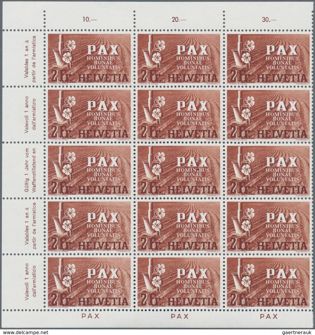 Schweiz: 1945, PAX 50 Rp.-10 Fr., acht Werte je in Rand-15er-Blocks postfrisch (ein Wert 10 Fr. etwa