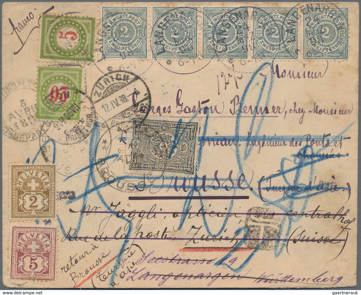 Schweiz - Portomarken: 1898 Brief Aus Langenargen, Württemberg Nach Brousse, Asiatische Türkei, Von - Postage Due