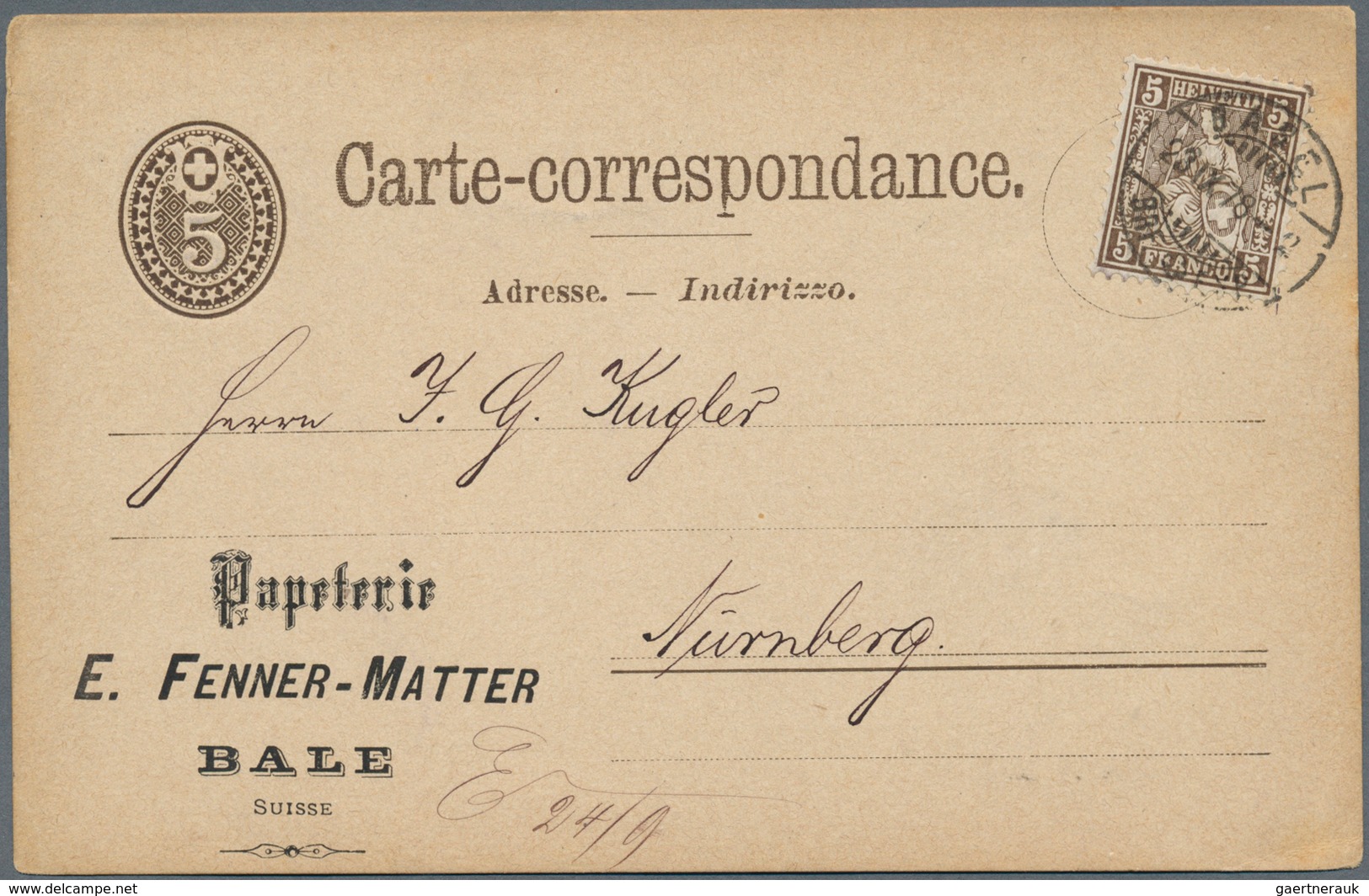 Schweiz - Ganzsachen: 1875 Ganzsachenkarte 5 Rp. Schwarzbraun Mit Zudruck "Papeterie E. FENNER-MATTE - Enteros Postales