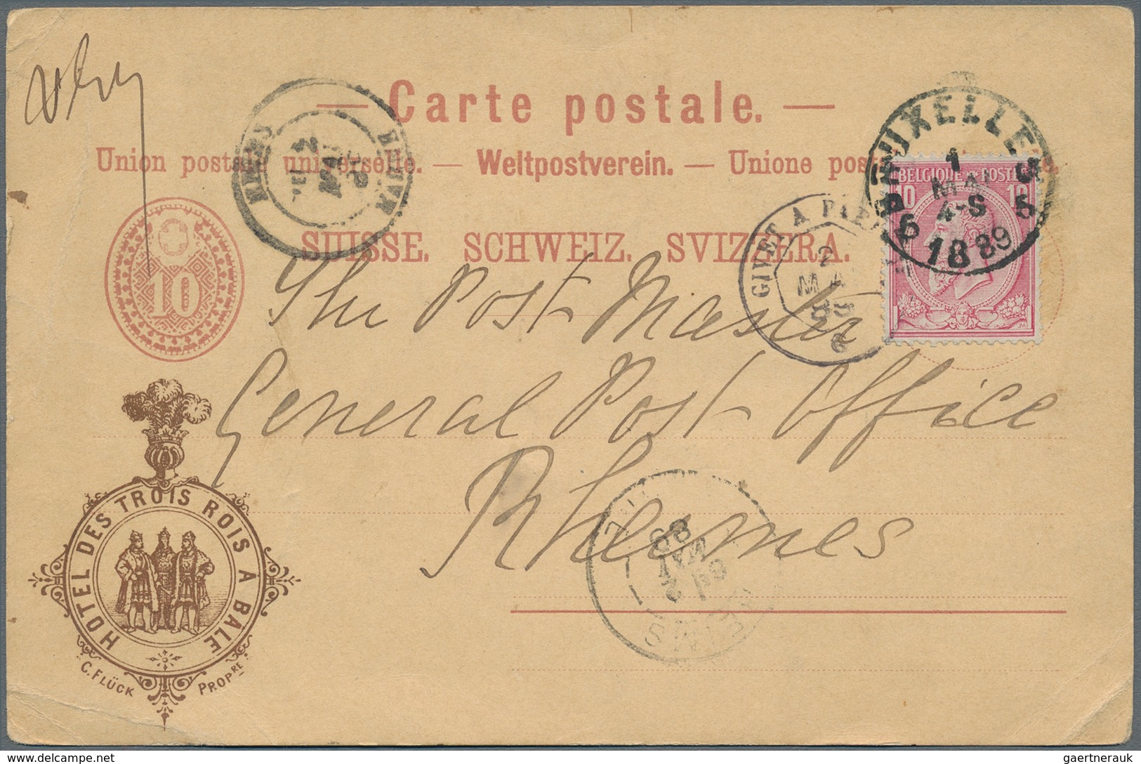 Schweiz - Ganzsachen: 1879 Ganzsachenkarte 10 Rp. Mit Privatzudruck "HOTEL DES TROIS ROIS A BALE", I - Postwaardestukken