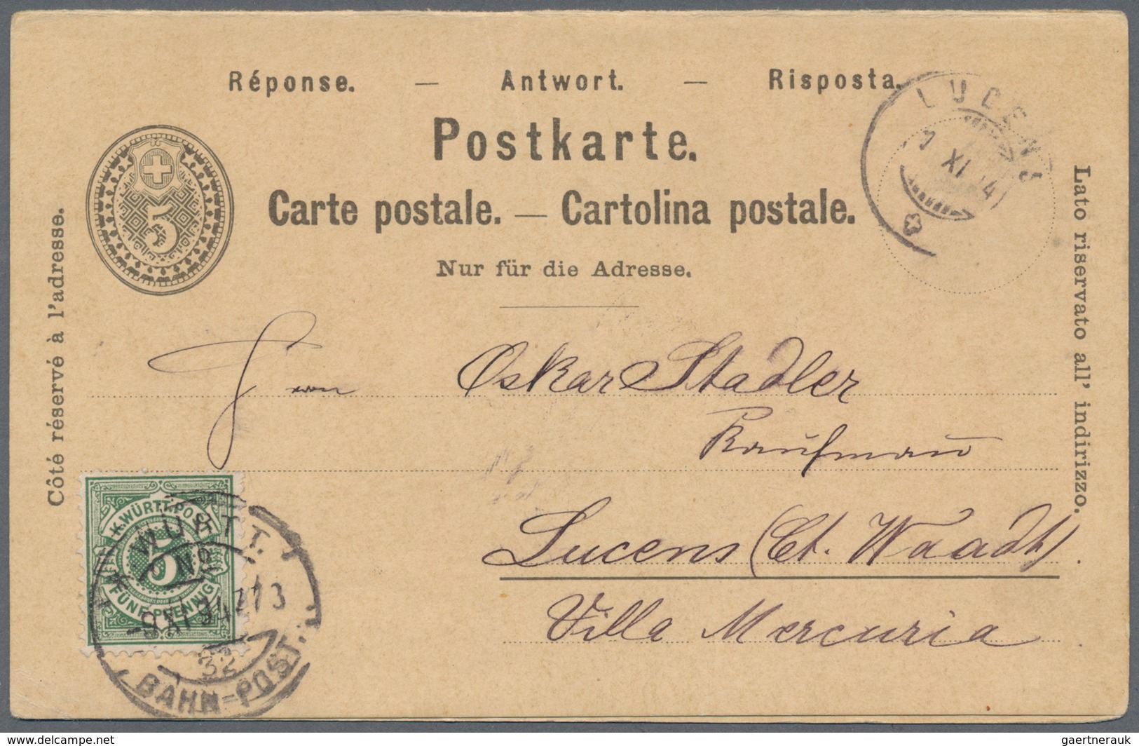 Schweiz - Ganzsachen: 1894, Doppel-Inlandsganzsachenkarte Mit 5 Rp. Zusatzfrankatur (Marke Eckfehler - Stamped Stationery