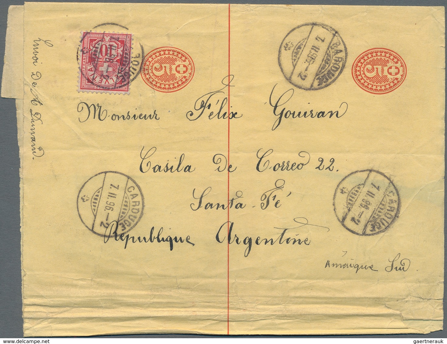 Schweiz - Ganzsachen: 1896 Destination ARGENTINIEN: Zwei Zusammenhängende Streifbänder 5 C. Rot Mit - Stamped Stationery